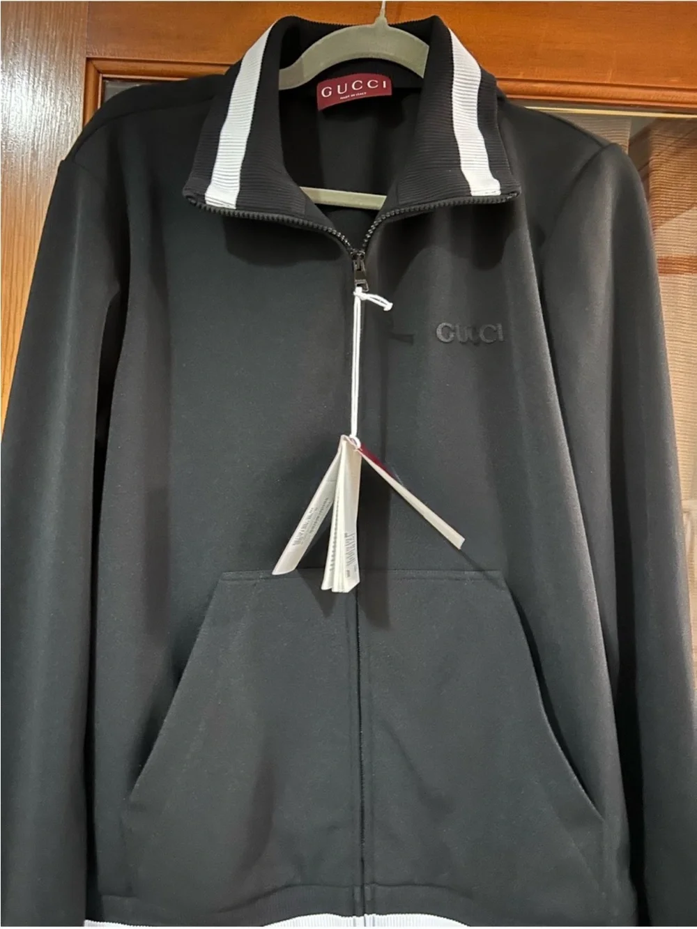 Men’s Gucci jersey technical, zip up jacket, web, trim, size medium, made Italy
